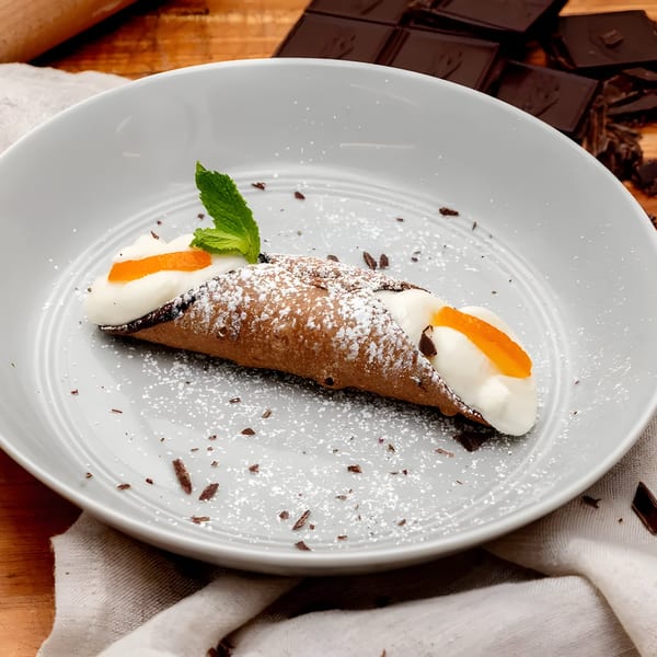 A Brooklyn DOP cannoli, dusted with powdered sugar, topped with cream, candied orange, and mint.